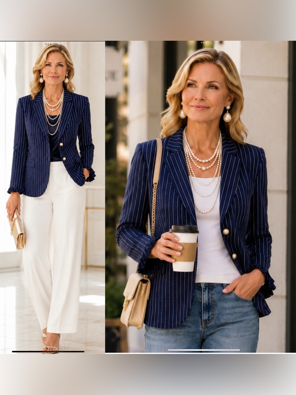 CHICO’S PETITE PINSTRIPE BLAZER NAVY BLUE & WHITE WITH PEARL BUTTONS. 8/10P